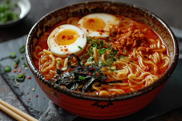 closeup tigela de delicioso ramen com ovos em uma mesa de madeira saborosa sopa de macarrão tradicional asiática