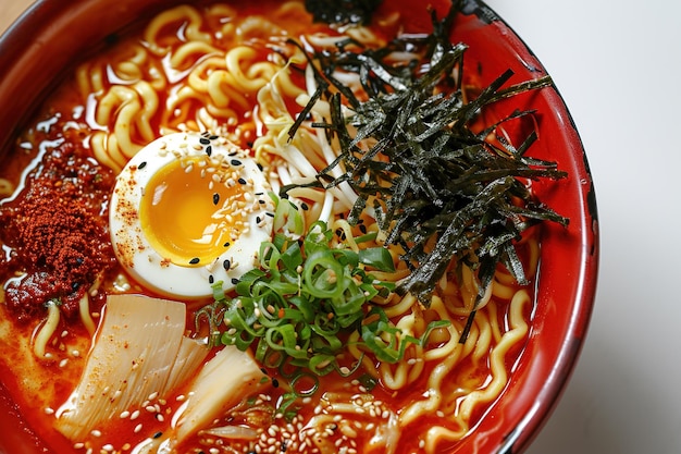 Foto closeup tigela vermelha de delicioso ramen com kimchi em uma mesa branca saborosa sopa de macarrão tradicional asiática