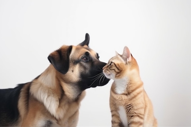 Closeup tiro de um cachorro fofo brincando com um gato e isolado no fundo branco