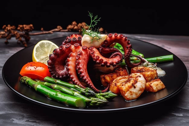 Closeup tiro de um prato de polvo assado delicioso com aspargos e legumes assados