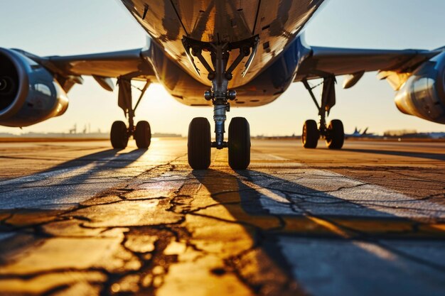 Foto closeup de un tren de aterrizaje de un avión39s mientras se levanta de la pista ejemplificando la ingeniería detrás del vuelo