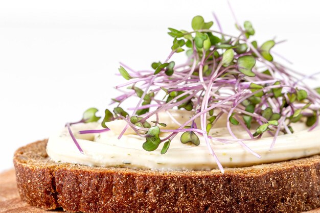 Foto closeup um sanduíche com queijo de pão castanho e microgreens de repolho