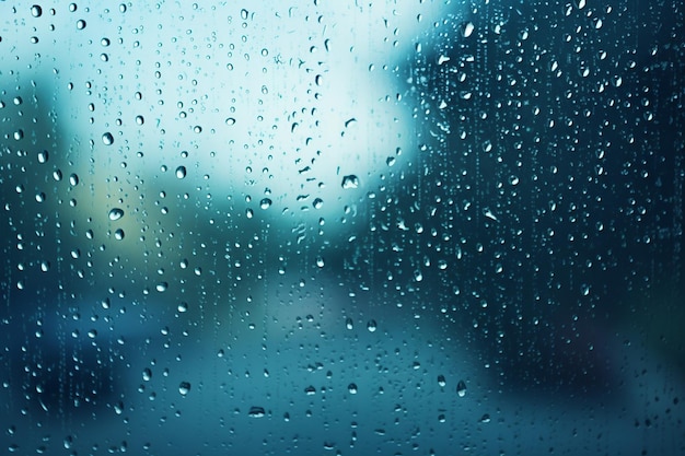 Closeup de una ventana en un día gris y lluvioso con el vidrio lleno de gotas de lluvia cayendo