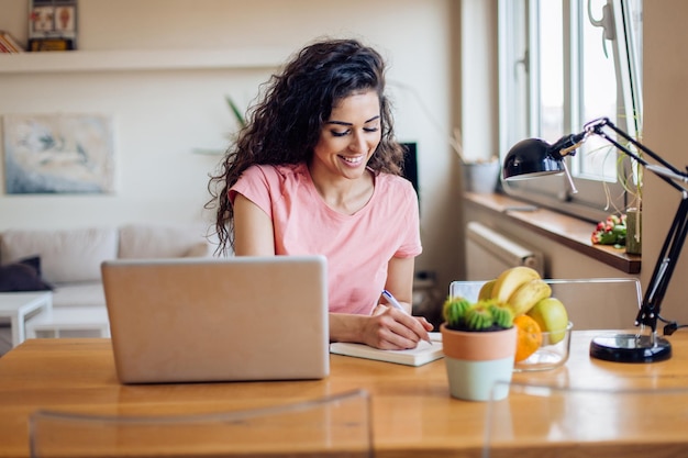 Closeup view Happy woman planning her business at home concept