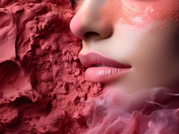 Closeup View Makeup Model Textura de Blush e Power em seu rosto