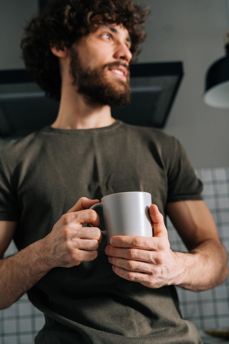Foto closeup vista de baixo ângulo de um jovem pensativo segurando na mão o copo com café da manhã pensativo olhando para longe em pé na cozinha