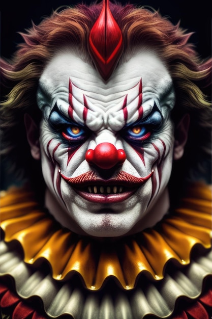 Closeup vista frontal retrato de rugido Evil Clown Generative AI