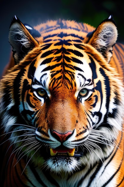Closeup vista frontal retrato de tigre rugiente IA generativa