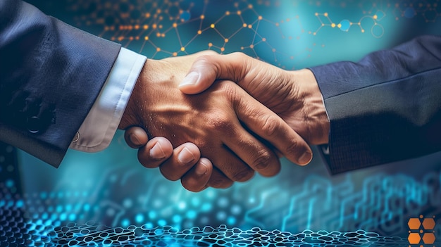 CloseUp von Business Handshake mit digitalem Netzwerk-Hintergrund