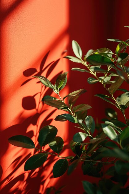 CloseUp von grünen Blättern mit Schatten auf rotem Hintergrund Natur- und Flora-Konzept