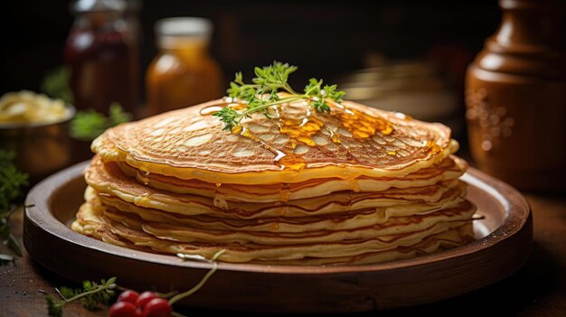 CloseUp von Pfannkuchen mit geschmolzenem süßen Sirup und Obsttopps mit verschwommenem Hintergrund