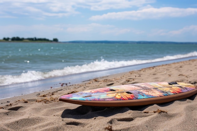 Foto closeup de un wakeboard en la playa de arena con el mar en el fondo