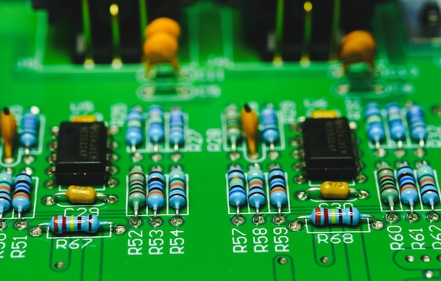 Foto closeup widerstände und elektronik an bord von elektrischen schaltkreisen