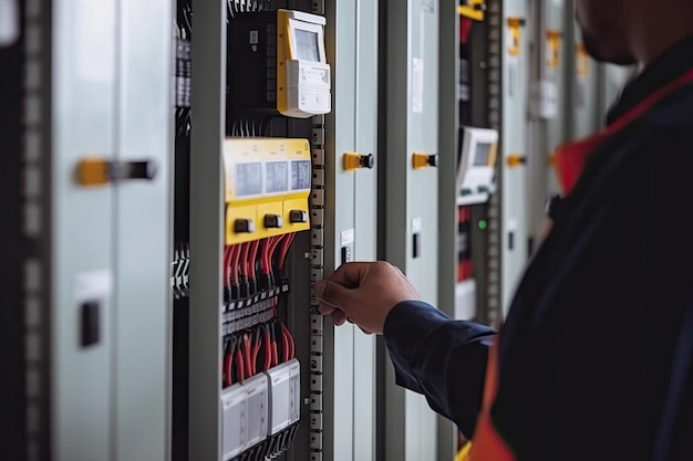 Closeup Worker Tester misst Spannung und Strom der Stromleitung in der Schaltschranksteuerung