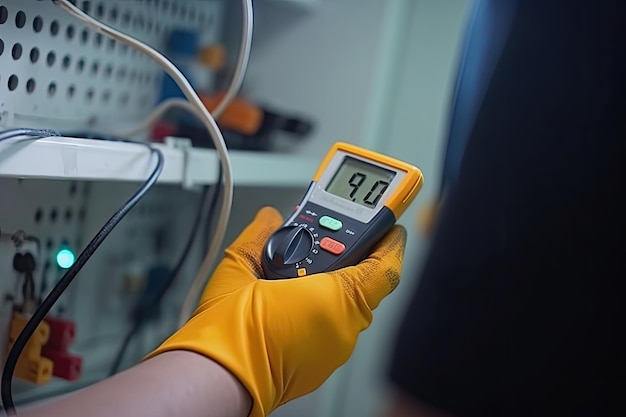 Foto closeup worker tester misst spannung und strom der stromleitung in der schaltschranksteuerung