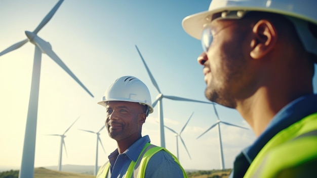 Closeup Zwei Windkraftingenieure in der Nähe von Windturbinen für erneuerbare Energien