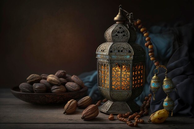 Closup einer Laterne mit einer leuchtenden Kerze im Inneren, islamische Nuancen von Ramadan Kareem