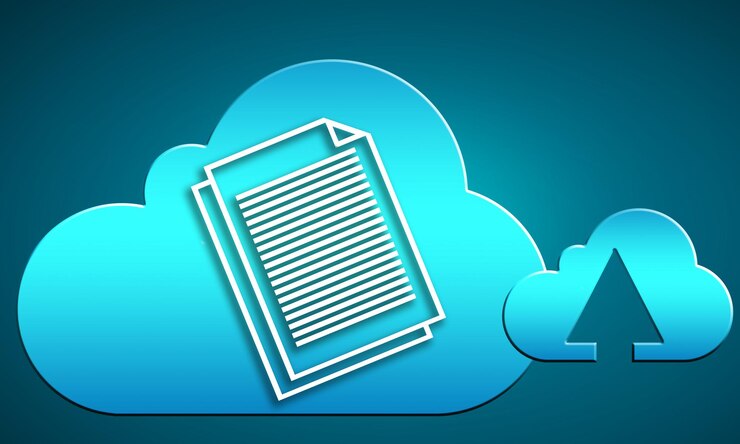 Foto cloub computing con icono de nube azul y documento de texto de línea blanca