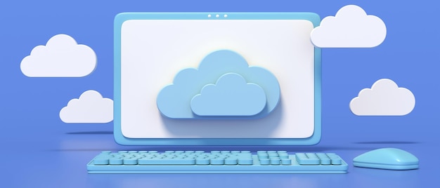 Cloud computing Desktop-Computer minimal und Wolken auf blauem Hintergrund 3D-Darstellung