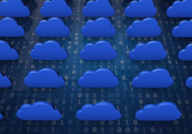 Cloud-Computing-Konzept Blaue Wolkenform auf einem Binärcode-Hintergrund 3D-Rendering