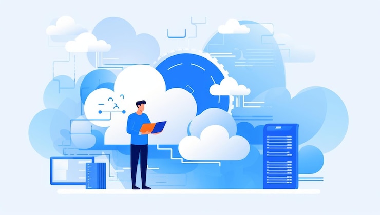 Foto cloud-computing-mann arbeitet mit cloud-daten und servern