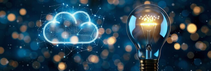 Foto cloud computing la nube y la bombilla incandescente encendida son una fuente de inspiración