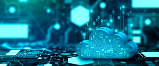 Cloud-Computing-Technologie Internet am konvergierenden Punkt der Schaltung mit abstraktem blauem Hintergrund. Cloud-Service, Cloud-Speicherkonzept. 3D-Darstellung.