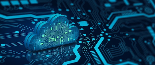 Cloud-Computing-Technologie Internet am konvergierenden Punkt der Schaltung mit abstraktem blauem Hintergrund. Cloud-Service, Cloud-Speicherkonzept. 3D-Darstellung.