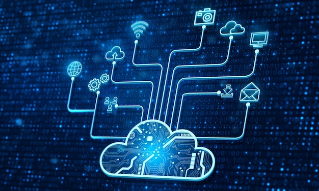 Foto cloud-computing-technologie internet-speichernetzwerk mit technologischem hintergrund dateninformationen in der cloud zur sicherung von internetdaten konzept 3d-darstellung