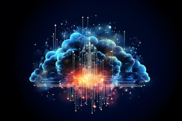 Foto cloud-computing-technologie-konzept cloud-netzwerk-verbindung und online-datenspeicherung in neonbeleuchtung daten-internet-dienst in futuristischer technologie generative ki