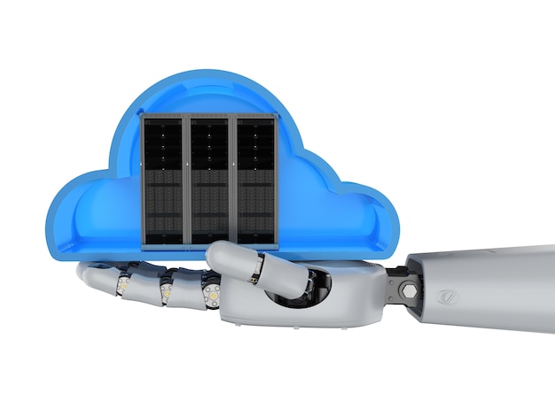 Cloud-Computing-Technologie mit Server in der Cloud mit Roboterhand