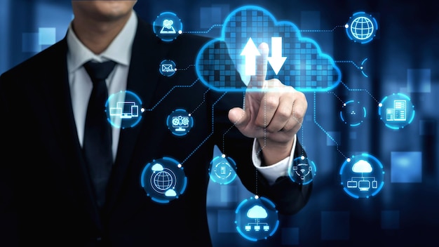 Cloud-Computing-Technologie und Online-Datenspeicherung für ein ausgeklügeltes Geschäftsnetzwerkkonzept