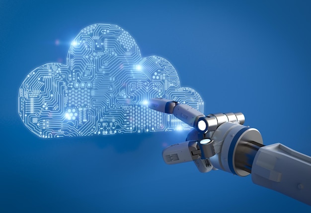 Cloud-Computing-Technologiekonzept mit 3D-Rendering humanoider Roboterarbeit mit Schaltungswolke