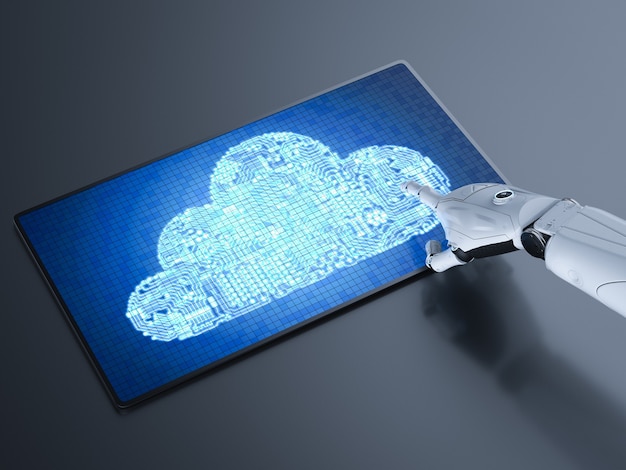 Cloud-Computing-Technologiekonzept mit Roboterarbeit mit Schaltungswolke