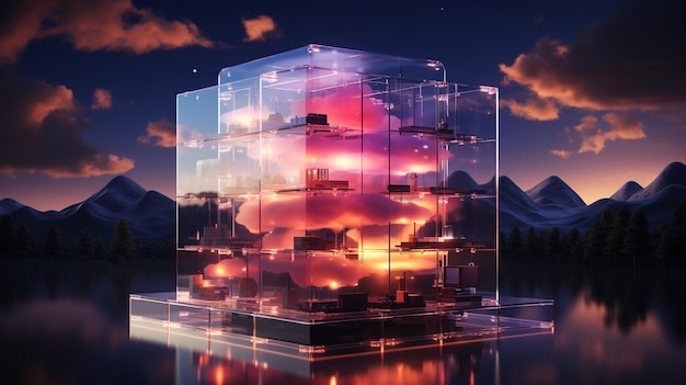 Cloud Data Storage Rack-Konzept in Glaswürfel Cloudscape digitaler Metaverse-Server für das globale Netzwerk