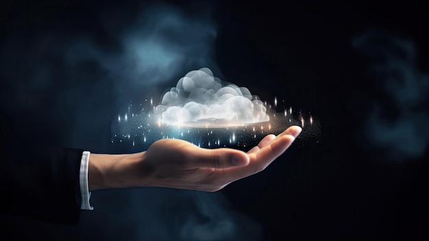 Cloud-Service auf der Hand eines Geschäftsmannes oder Cloud-Computing-Servicekonzept mit generativer KI-Technologie