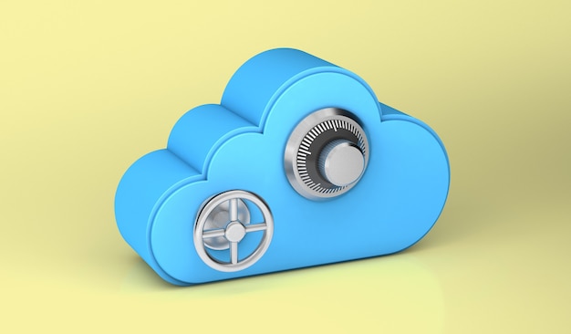 Cloud-Speicher ist so sicher wie sicher. Gelber Hintergrund. 3d rendern.