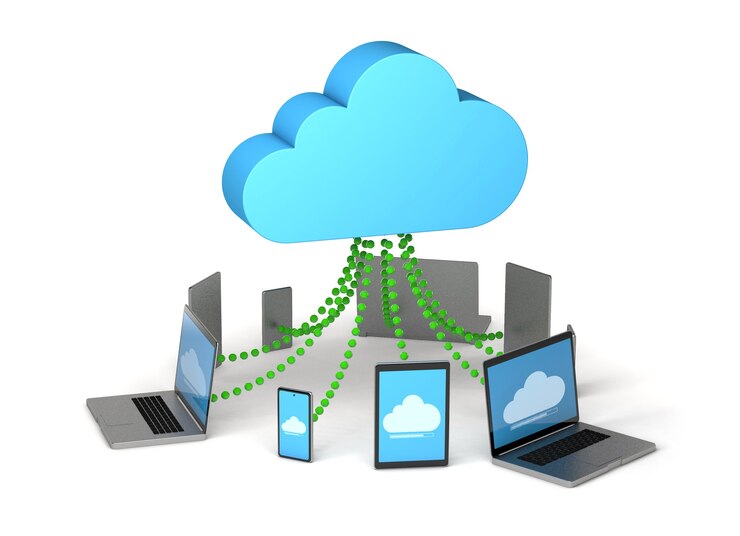 Foto cloud-speicher synchronisierung von informationen auf ihrem telefon, tablet und laptop isoliert auf weiß