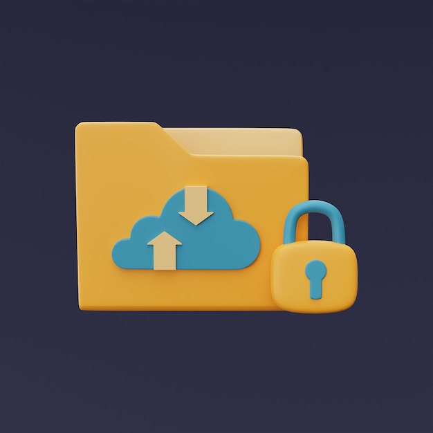 Cloud-Storage-Technologiekonzept mit blauem Wolkensymbol auf Ordnersymbol und VorhängeschlossOnline-Datenbankübertragen Sie Dateninformationenminimal style3d-Rendering