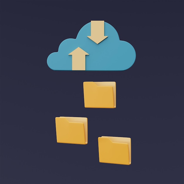 Foto cloud-storage-technologiekonzeptblaues wolkensymbol mit ordnersymbol online-datenbankdateninformationen übertragenminimaler stil3d-rendering