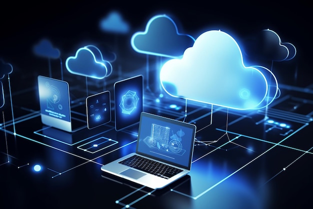 Cloud-Technologie Cloud-Computing-Geräte, die über das Internet mit der digitalen Speicherung im Rechenzentrum verbunden sind