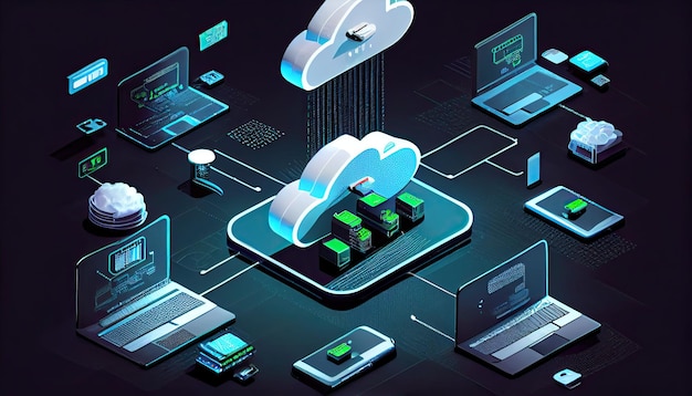 Cloud-Technologie-Computing-Geräte, die über das Internet mit dem digitalen Speicher im Rechenzentrum verbunden sind. IOT Smart Home-Kommunikation, Laptop, Tablet, Telefon, Heimgeräte mit einem Online-Anschluss