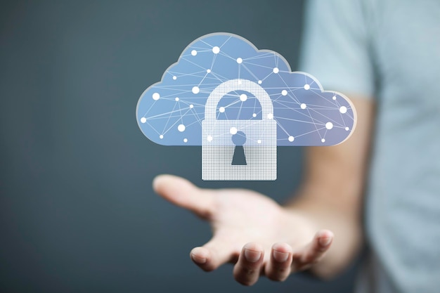 Cloud-Technologie Polygonales Wireframe-Cloud-Storage-Schild mit Vorhängeschloss