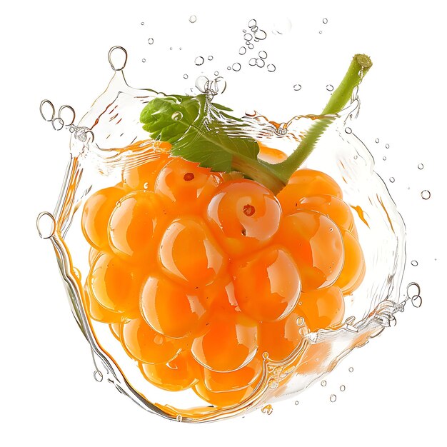 Foto cloudberry fruit en diapositivas redondas y a la deriva con orange co sesión de fotos aislada en blanco limpio bg