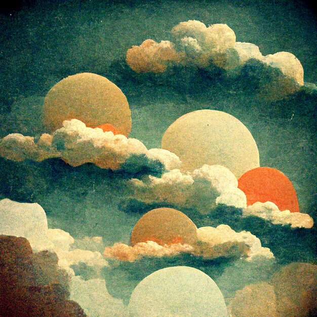 Cloudscape blauer Himmel mit Wolken und Sonnen im Retro-Kunststil