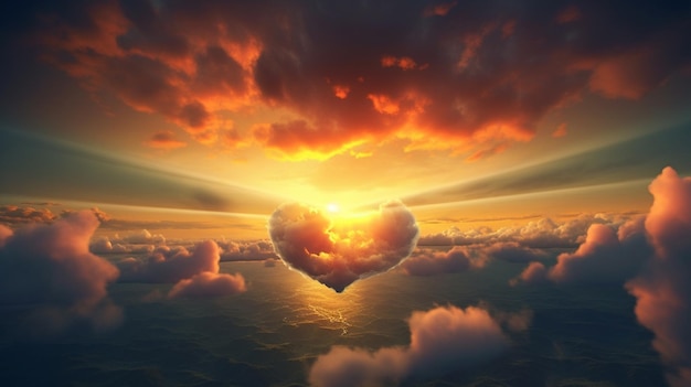 Foto cloudscape en forma de corazón con puesta de sol generativa ai