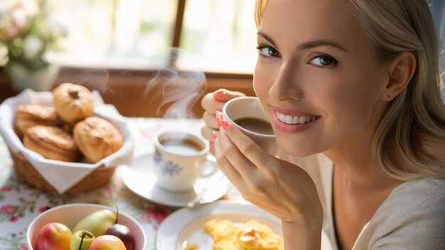 Clouse en una hermosa mujer disfrutando del desayuno