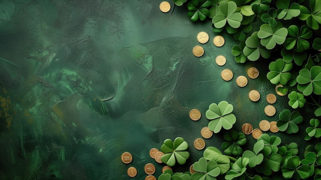 Clover e moedas em fundo verde de concreto Espaço de cópia do cartão do Dia de Patrício