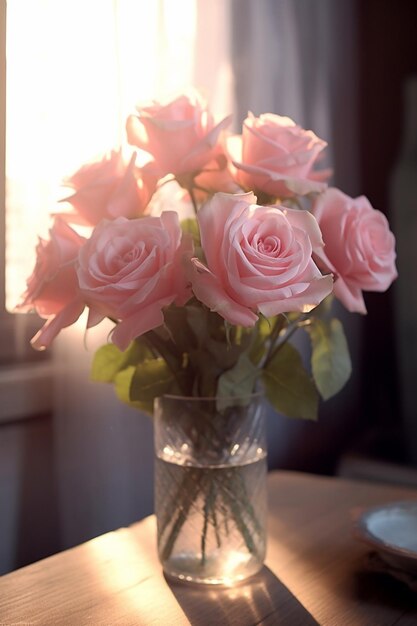 cloweup Rose Misty Bubbles Ramo de flores de rosas rosadas en jarrón de metal Shabby chic h Generative AI