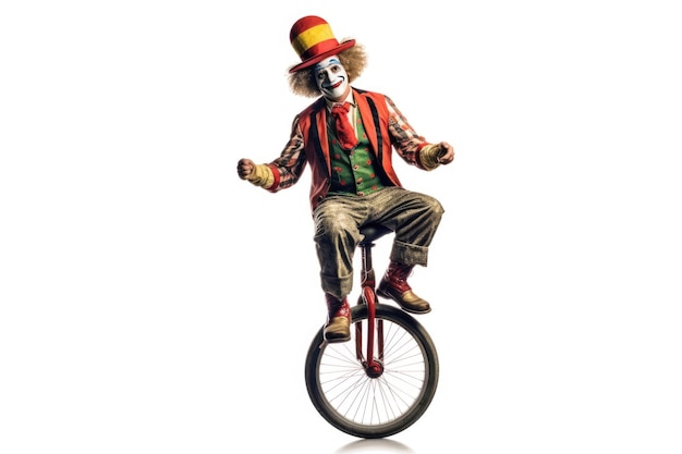 Clown auf einem Einrad jongliert isoliert auf weißem Hintergrund Generative KI